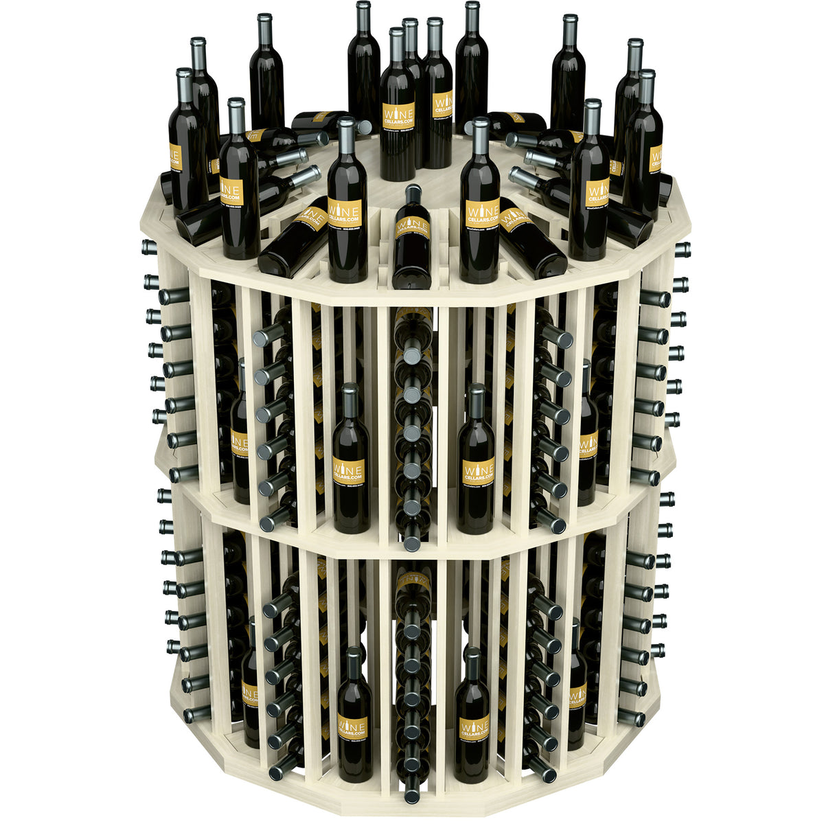 Round wine bottle display rack with cubby slots and black wine bottles, whitewashed wood.
