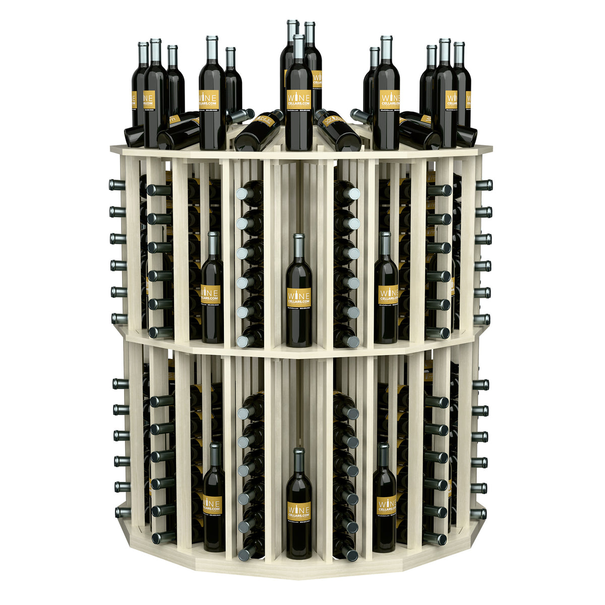 Round wine bottle display rack with bottle holders and black wine bottles, light gray wood.
