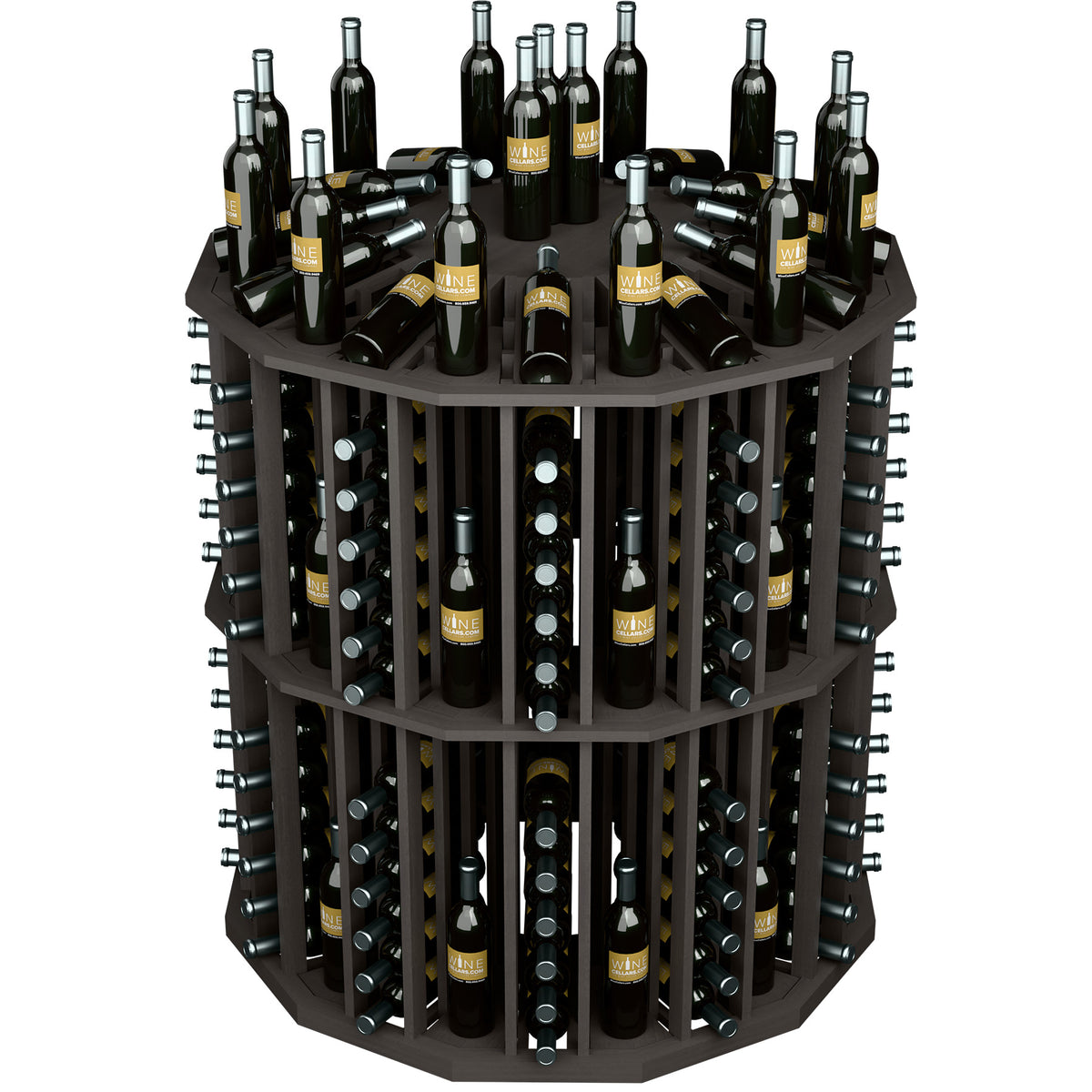 Black round wine bottle display rack with metal holders and labeled wine bottles