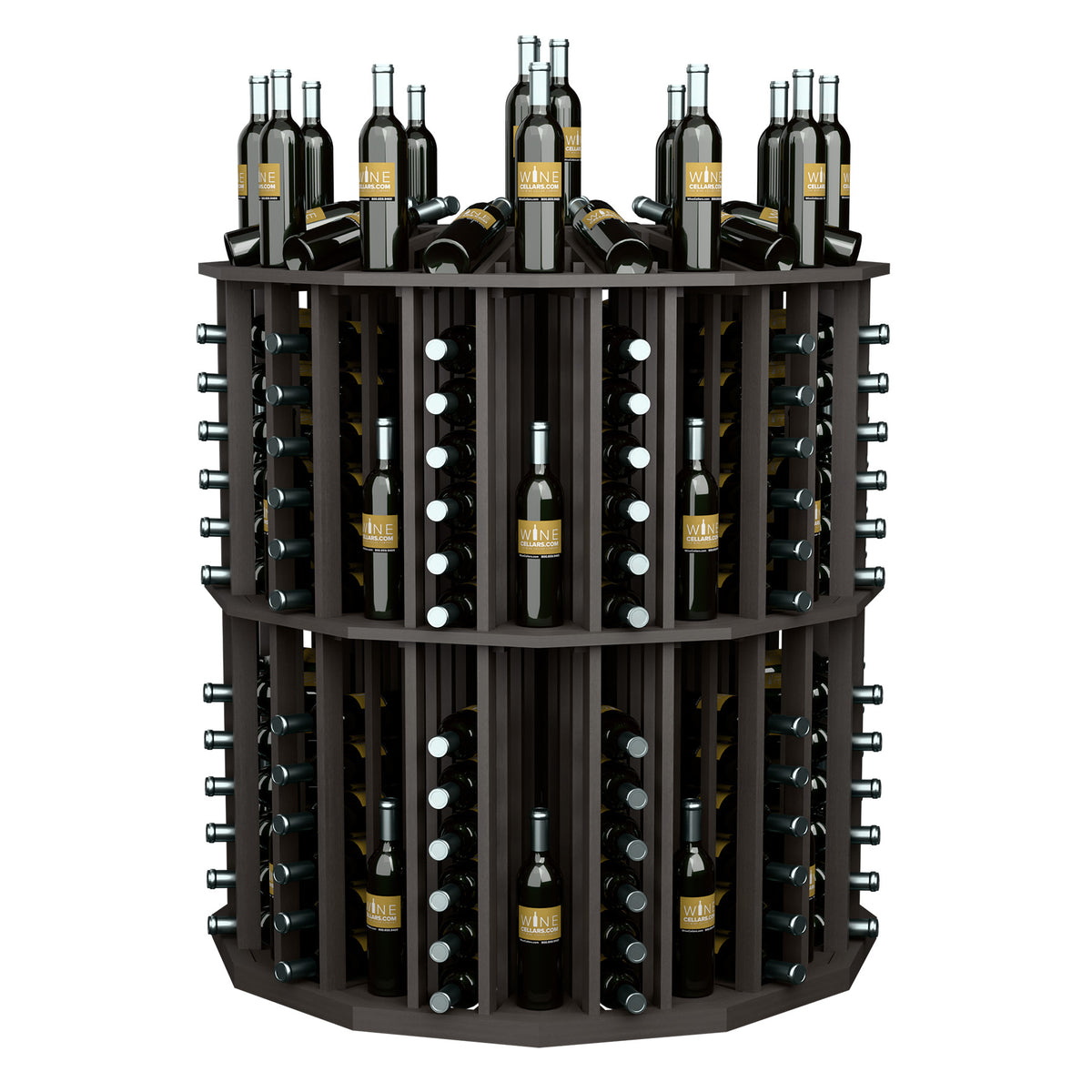 Round bottle display rack with dark frame and tightly packed bottle holder compartments