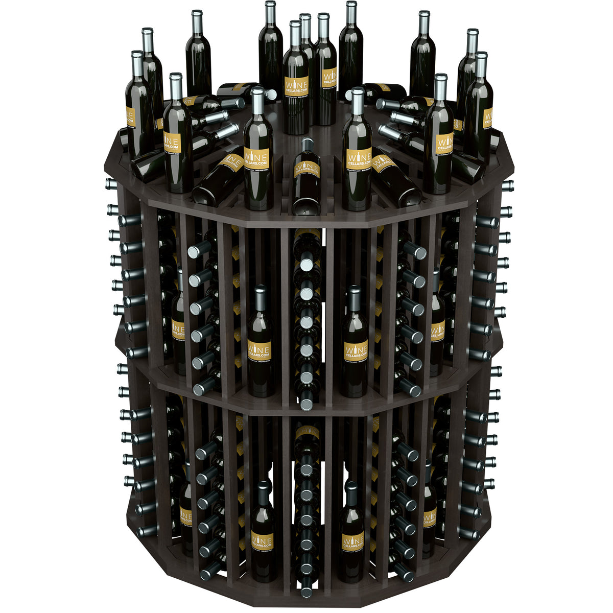 Round wine bottle display rack with black frame and multiple bottles in tiers