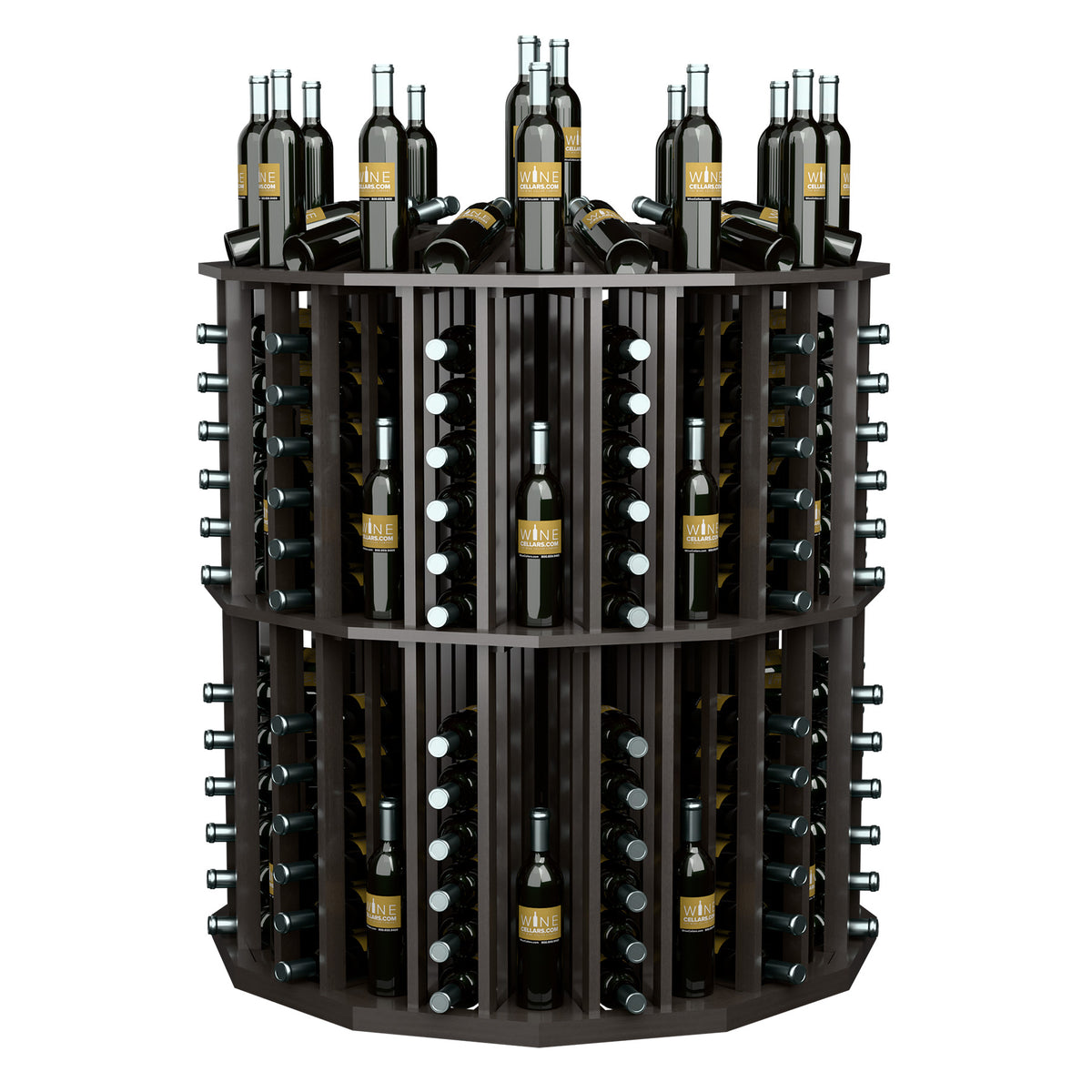 Round wine bottle display rack with dark wood shelves and bottle holders on sides