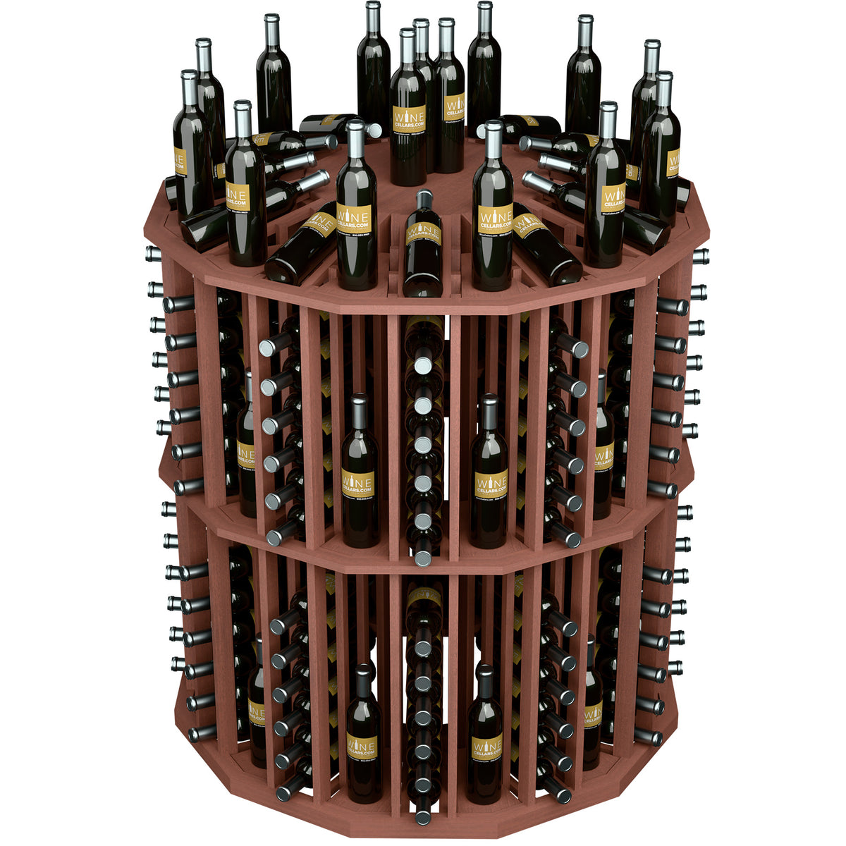 Round dark brown wood wine bottle display with multiple levels of bottles and metal supports
