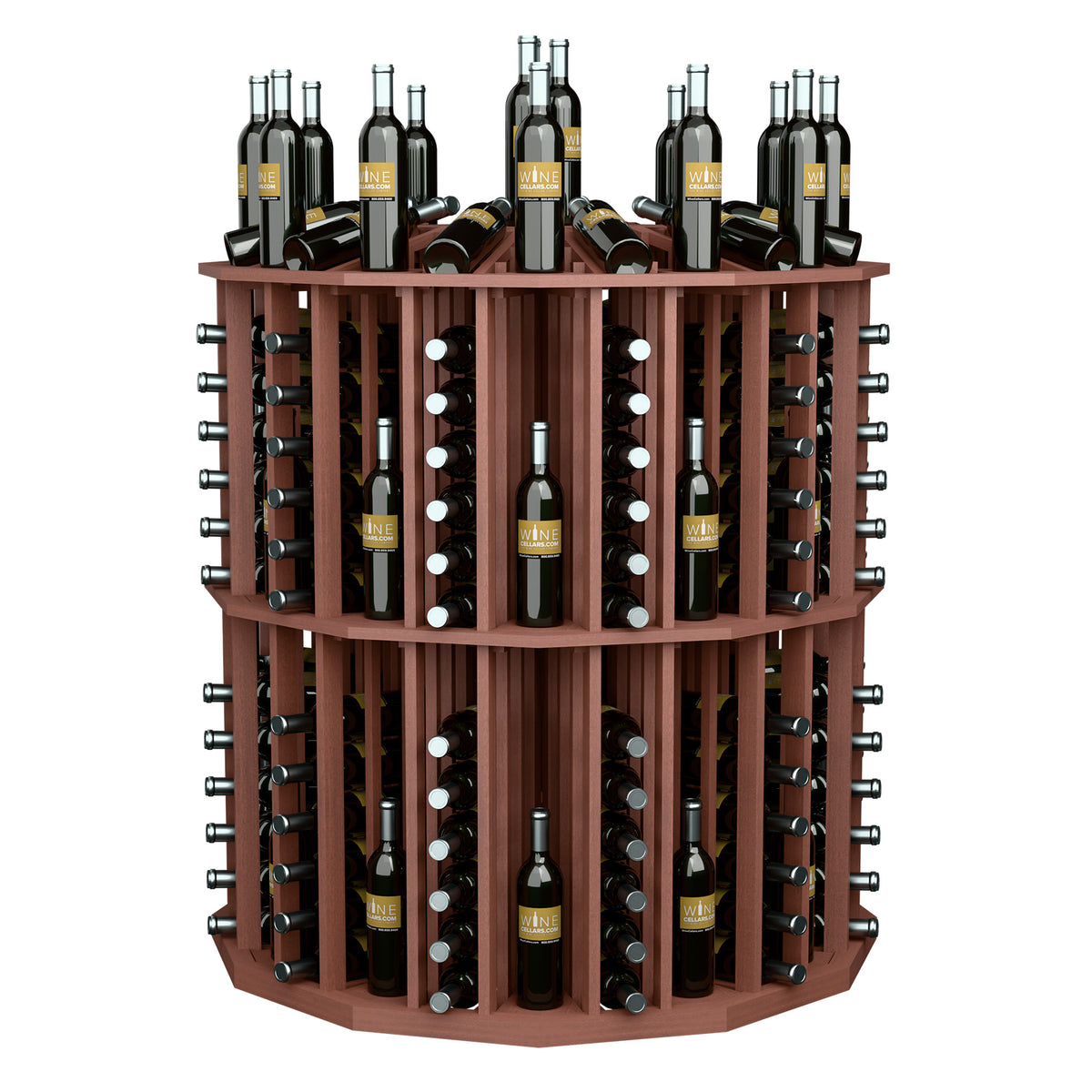 Round wooden wine bottle display rack with multiple bottles and circular bottle slots