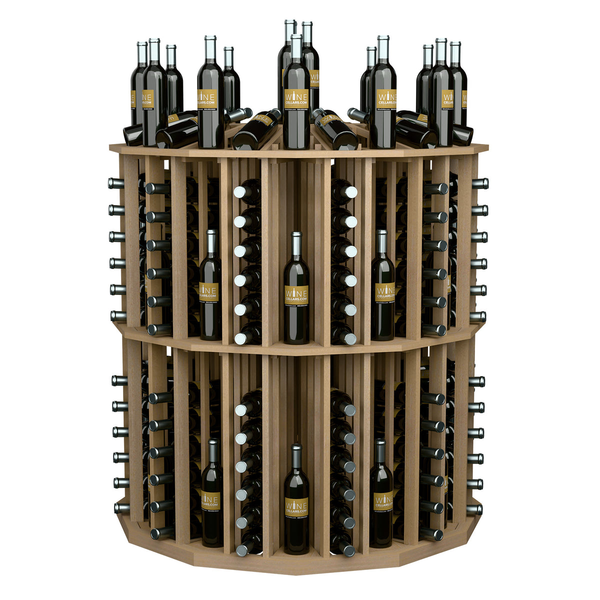 Light wood round wine bottle display rack with multiple dark bottles in tiered slots