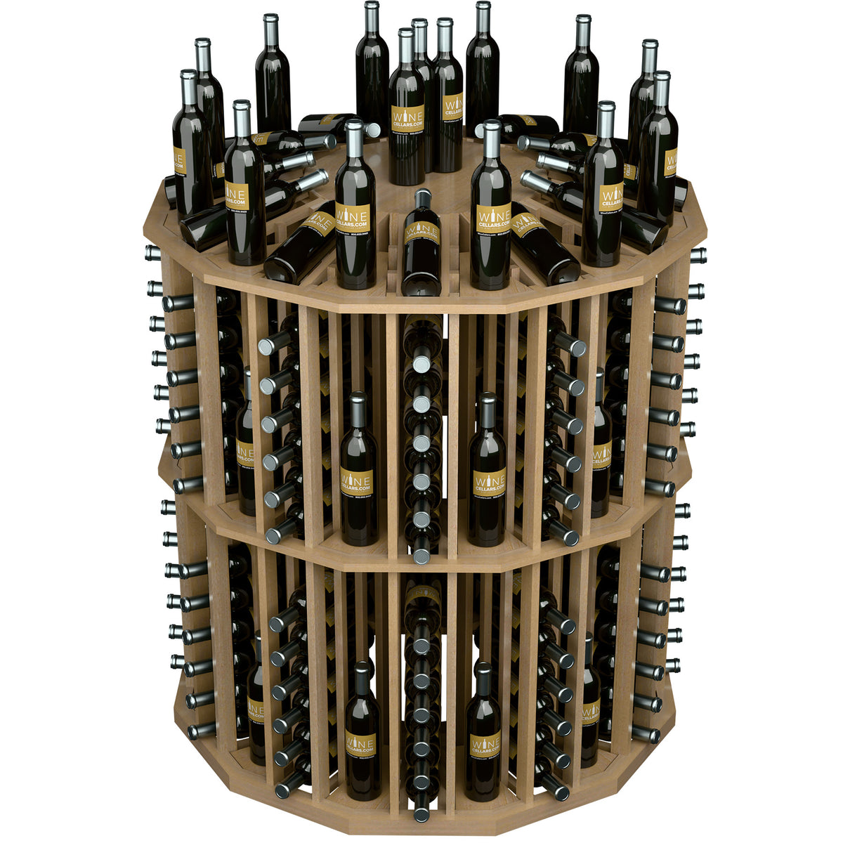Round wine bottle display rack with light wood shelves and bottles arranged in grid