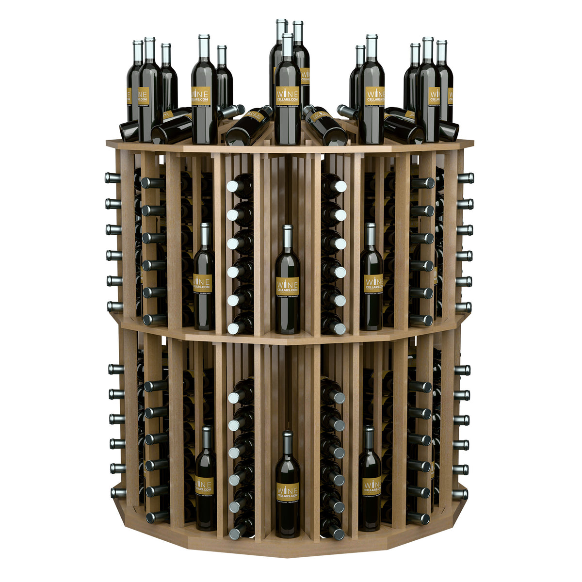 Round wine bottle display rack with light wood frame and bottle rows on all levels