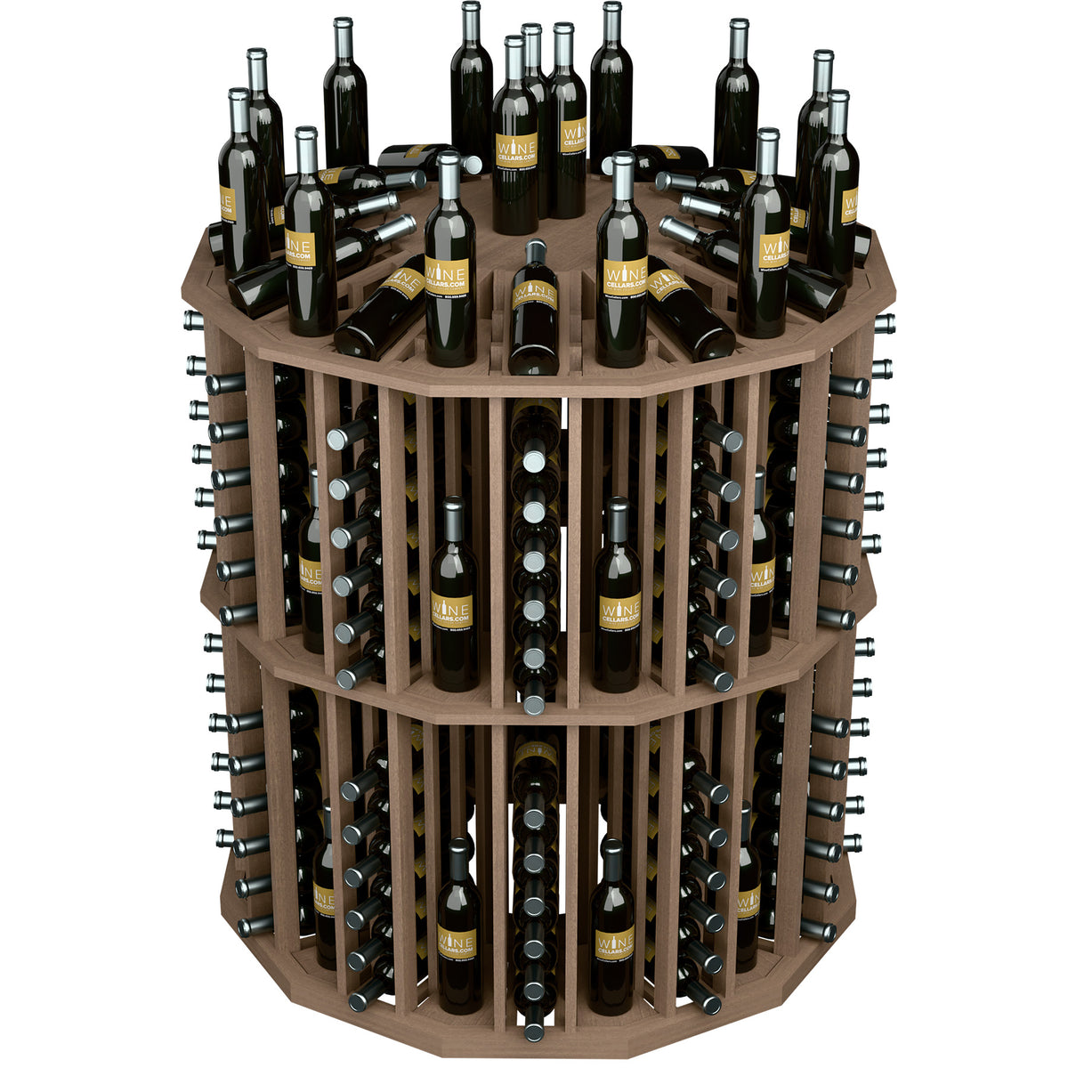 Round wood wine bottle display with many bottles arranged in a vertical rack system