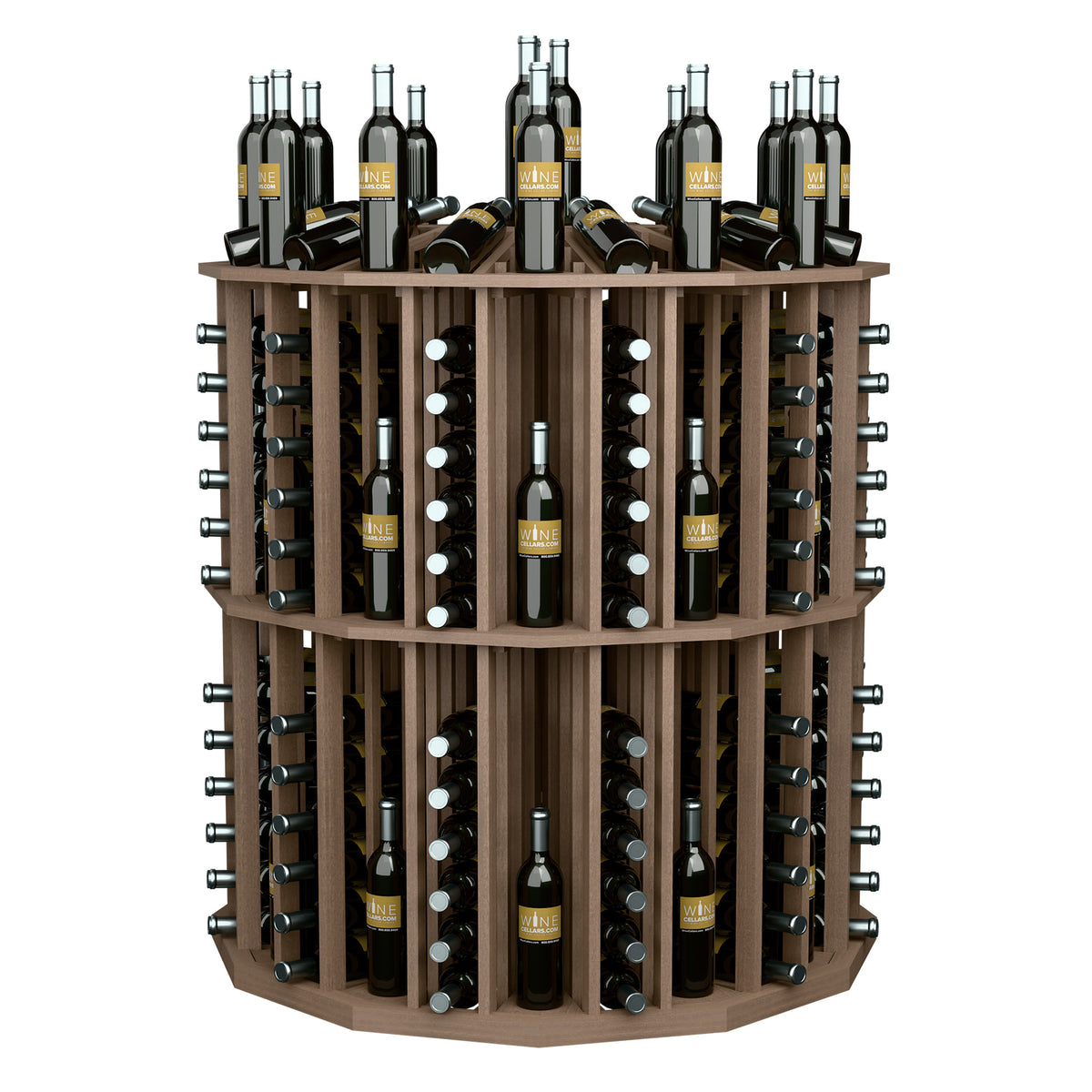 Warm brown round wine bottle display rack with bottle rows and metal peg holders