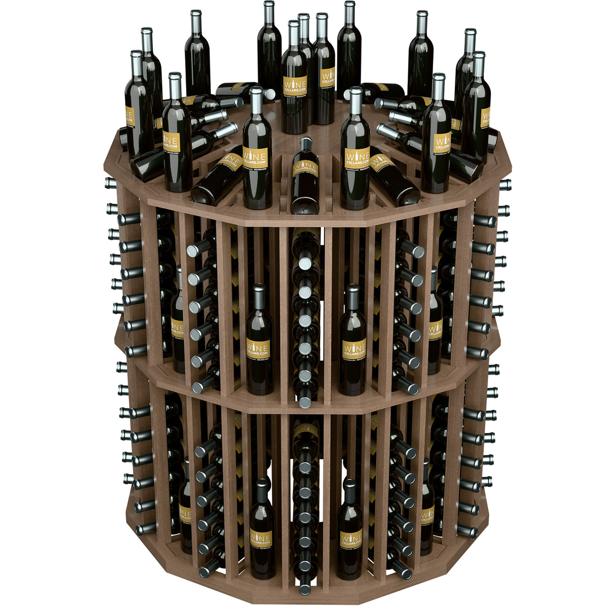 Round wine bottle display rack with light wood shelves and capped wine bottles in tiers