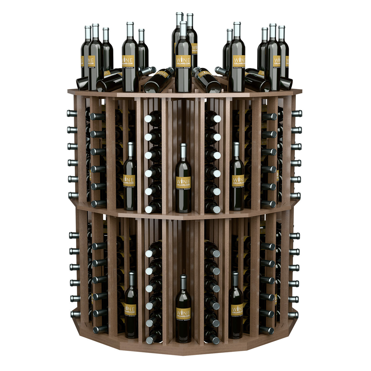Round wine bottle display rack with light wood shelves and black bottle cradles