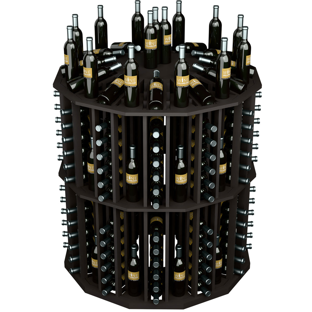 Angled view of round bottle display rack with dark finish and bottle slot compartments