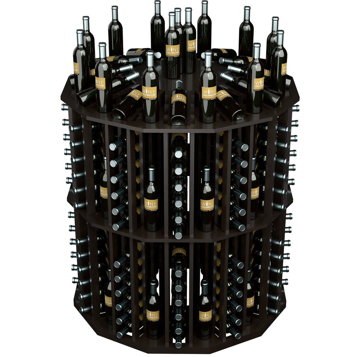 Round wine bottle display rack with black frame and organized bottles in two side rows