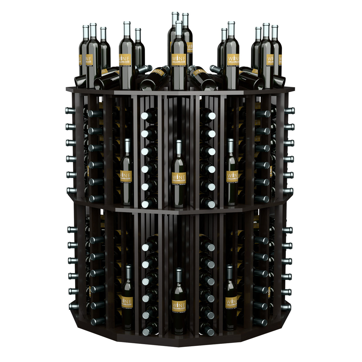Round wine bottle display rack with dark wood shelves and bottles on multiple levels