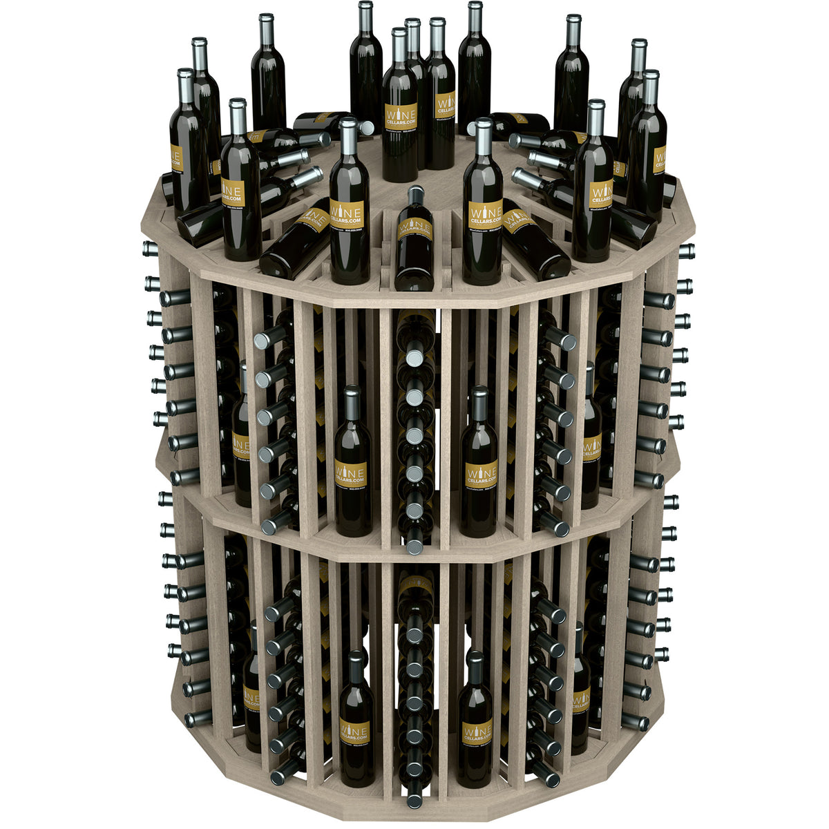 Round light wood wine bottle display featuring numerous bottles in vertical grid slots