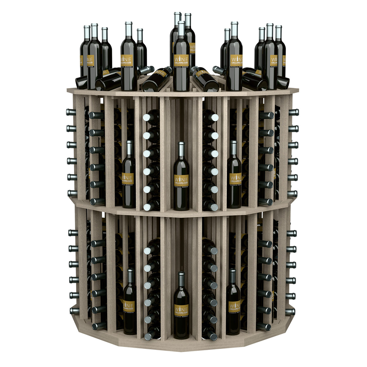 Grey wood round wine bottle display rack with upright bottles arranged in circular rows