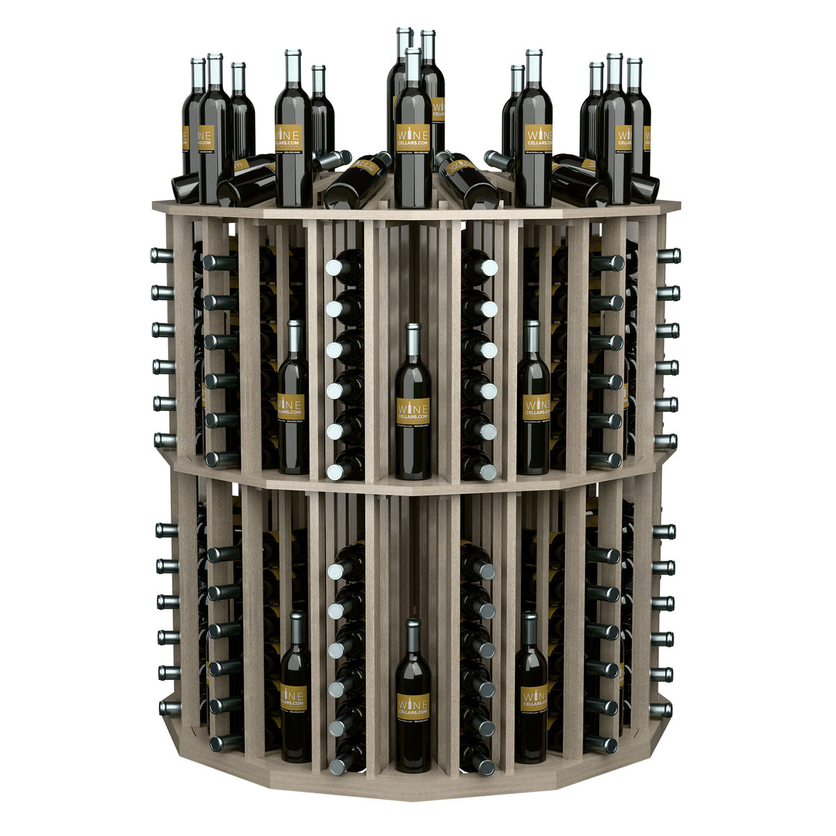 Round wine bottle display rack with light wood shelves, metal holders, and bottles