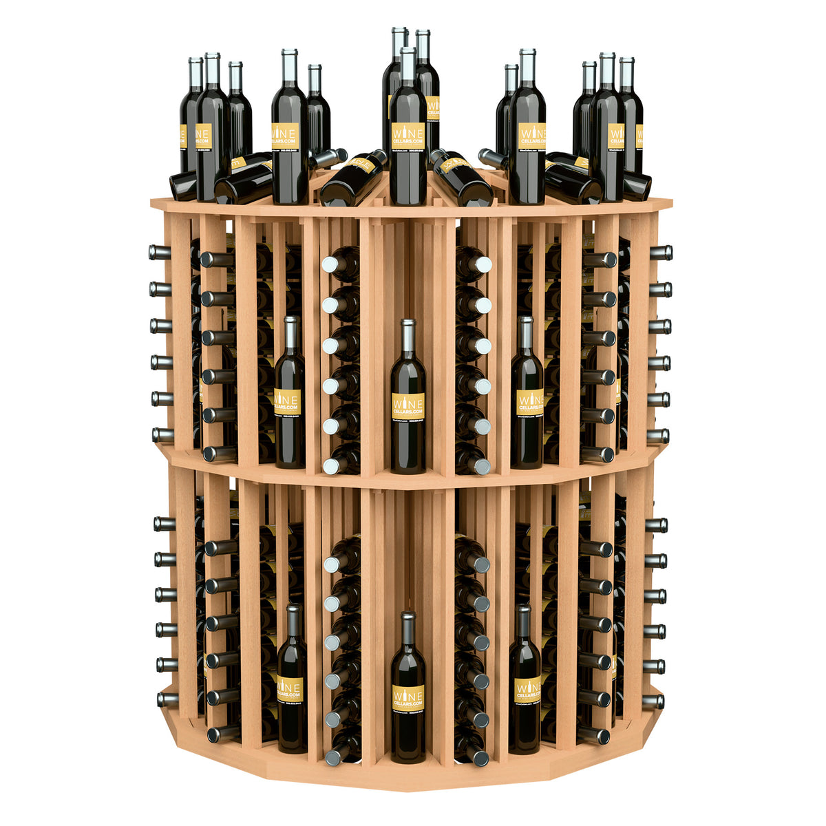 Round wooden wine bottle display with multiple rows of bottles on metal holders