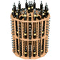 Round wine bottle display rack with light wood shelves, metal holders, and bottles