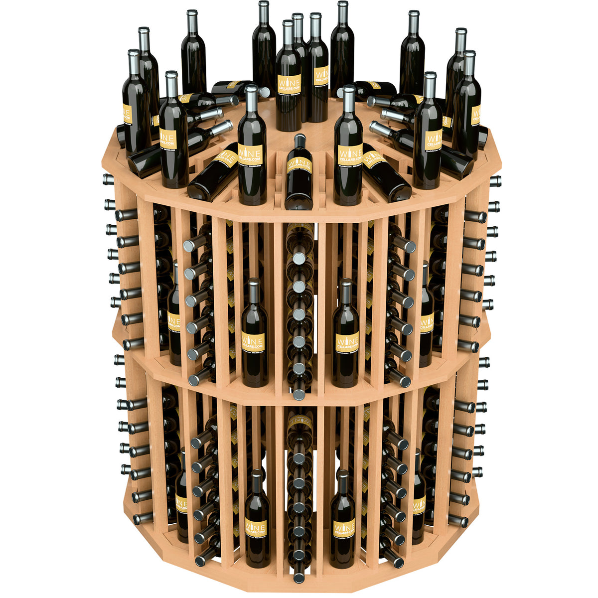 Round wine bottle display rack with light wood shelves, metal holders, and bottles
