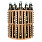 Round wine bottle display rack with light wood shelves, metal holders, and bottles