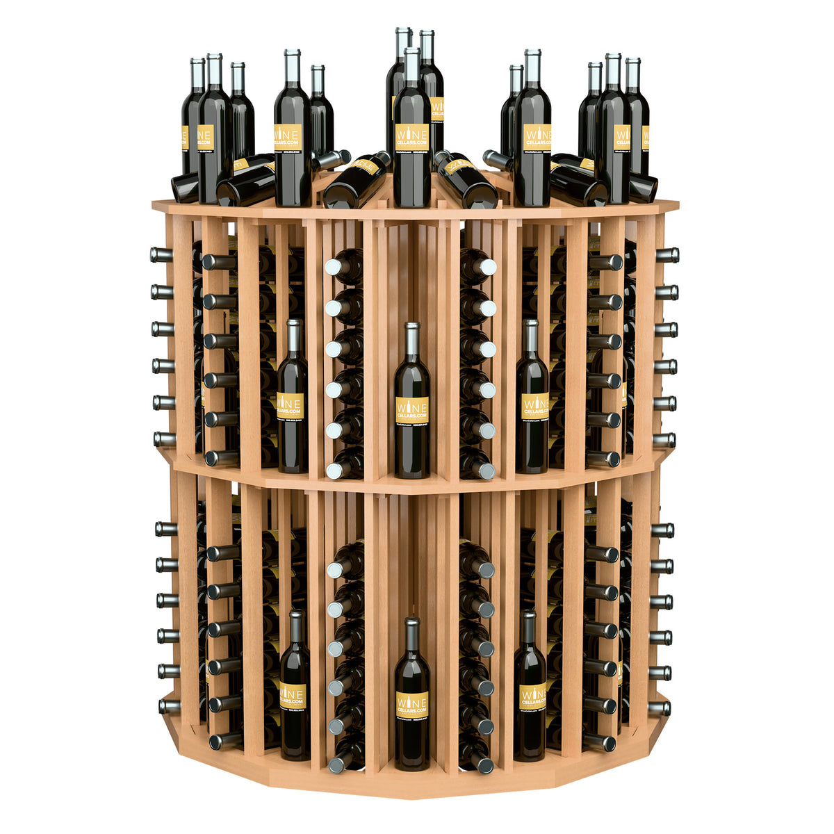 Round wine bottle display rack with light wood shelves, metal holders, and bottles