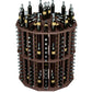 Dark brown round wine bottle display rack with multiple bottles in stacked circular compartments