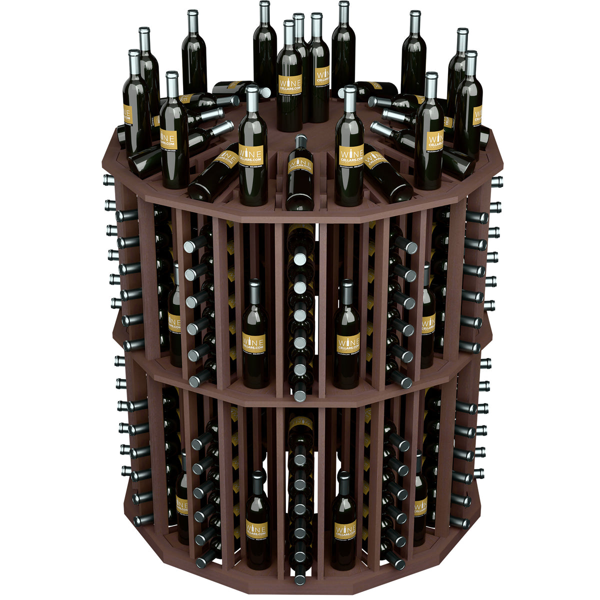 Dark brown round wine bottle display rack with multiple bottles in stacked circular compartments