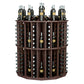 Dark brown round wine bottle display rack with metal holders and labeled bottles