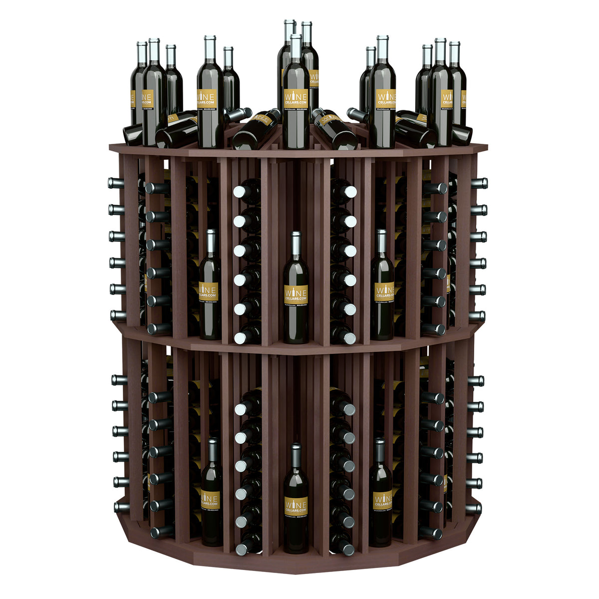 Dark brown round wine bottle display rack with metal holders and labeled bottles