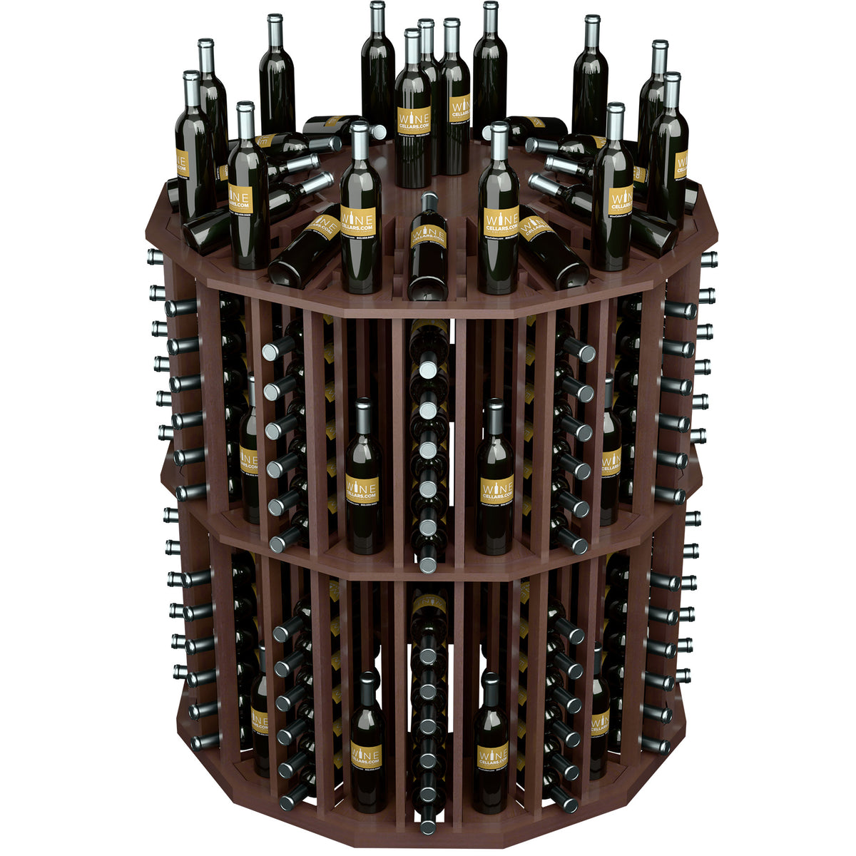 Round wine bottle display rack with dark wood shelves, metal holders, and bottles