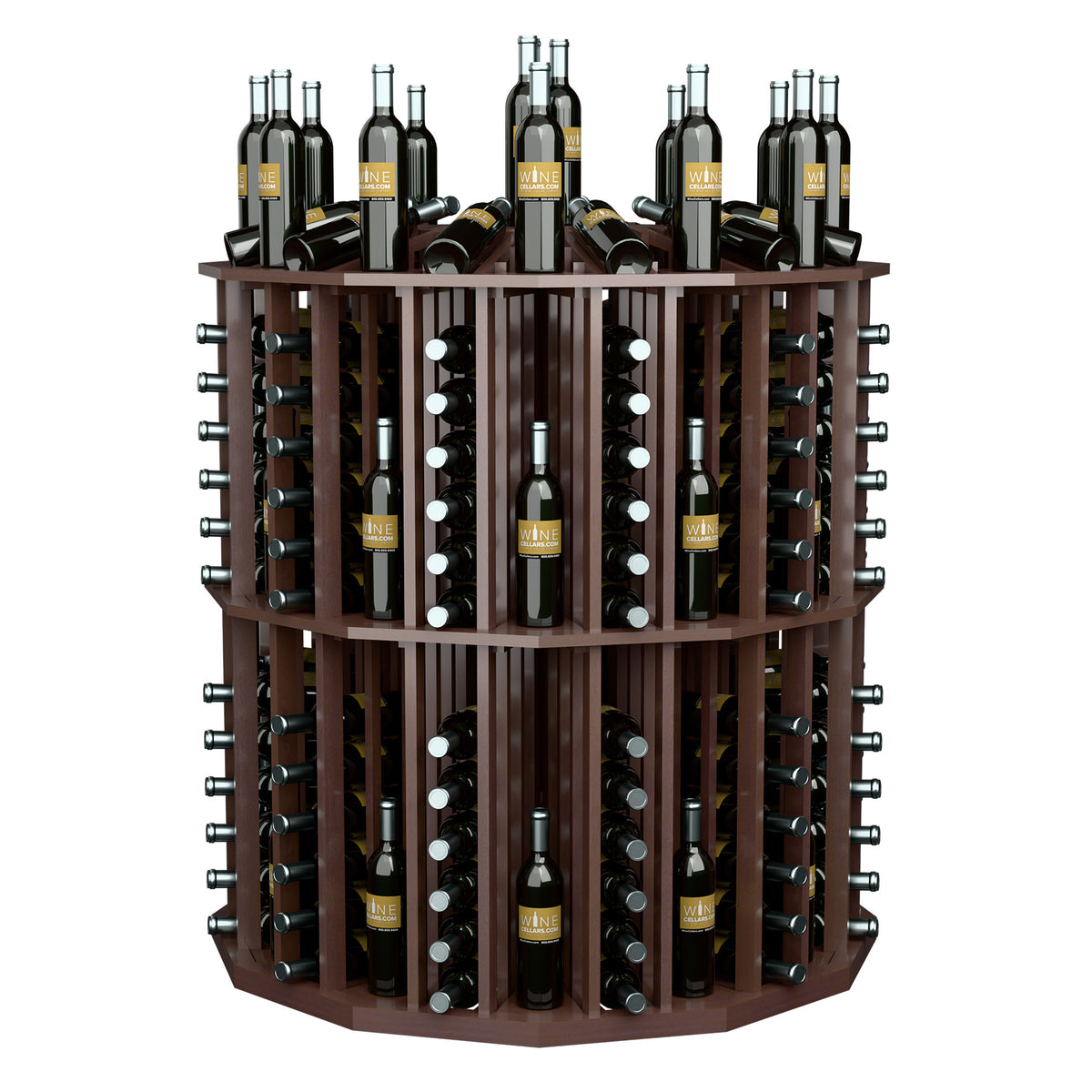 Round wine bottle display rack with dark wood shelves, metal holders, and bottles