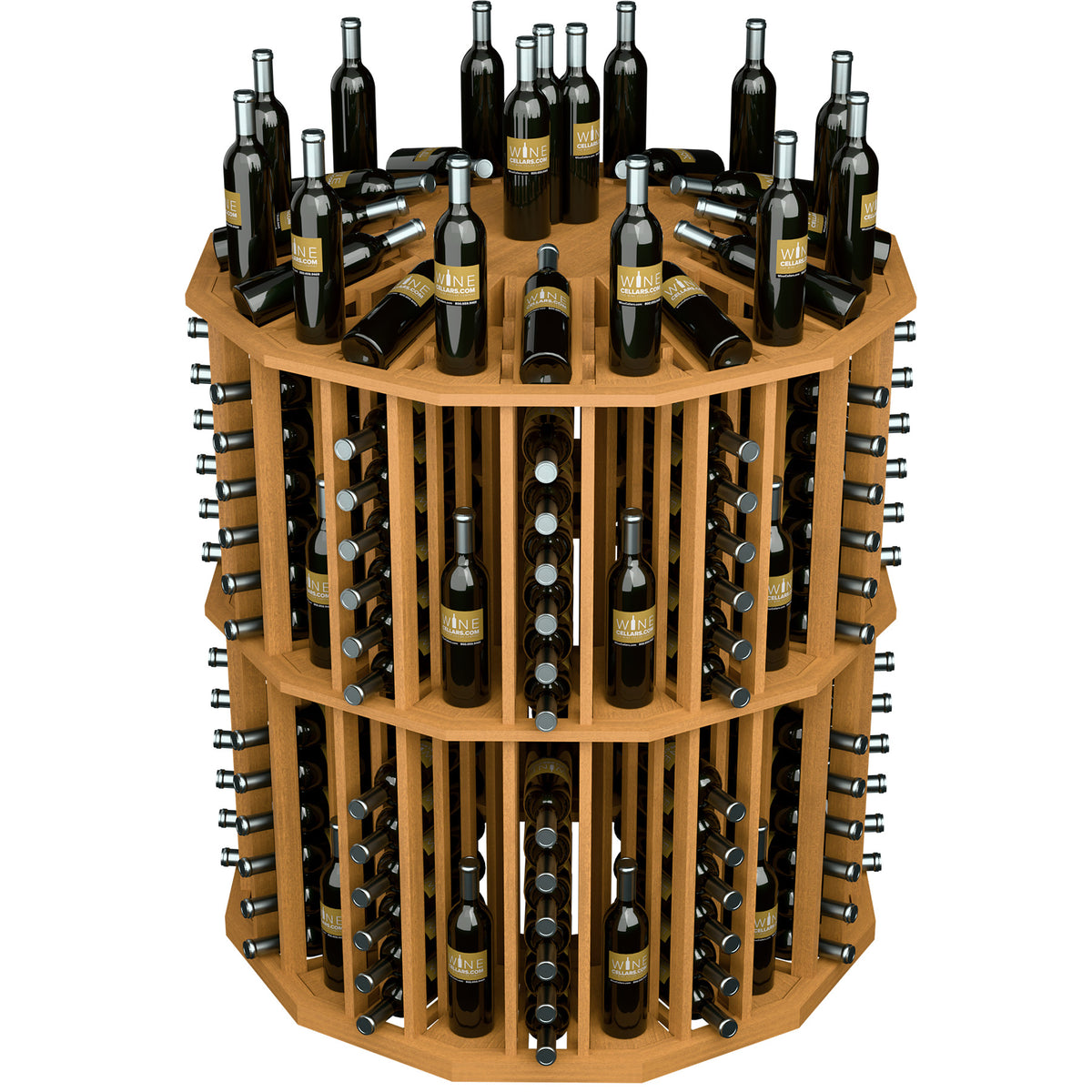 Round wood wine bottle display with metal pegs, full front view of bottle slots