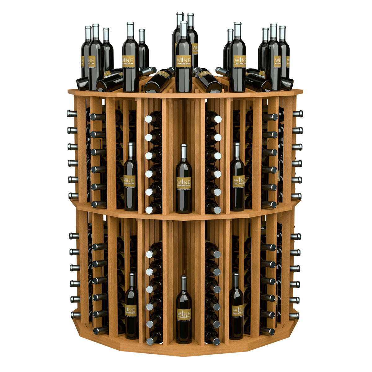 Round wood wine bottle display with metal bottle pegs, multiple tiers and slots