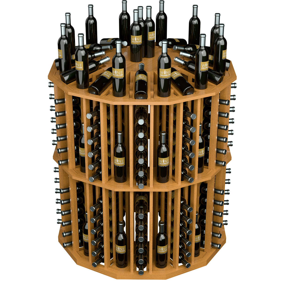 Round wine bottle display rack with light wood shelves, metal holders, and bottles