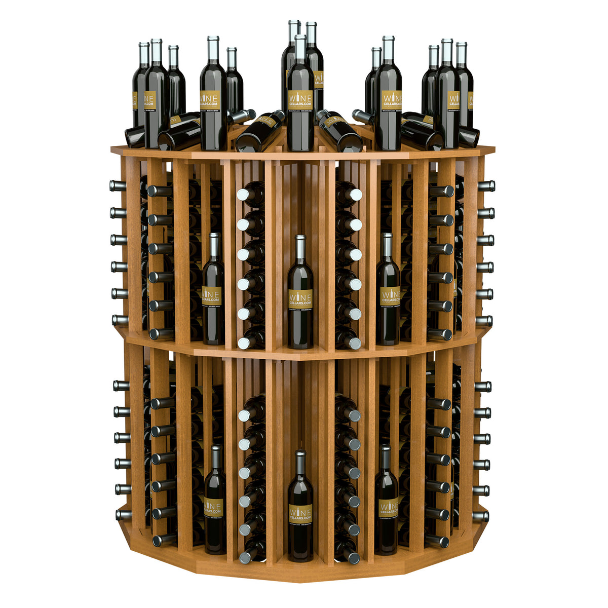 Round wine bottle display rack with light wood shelves, metal holders, and bottles
