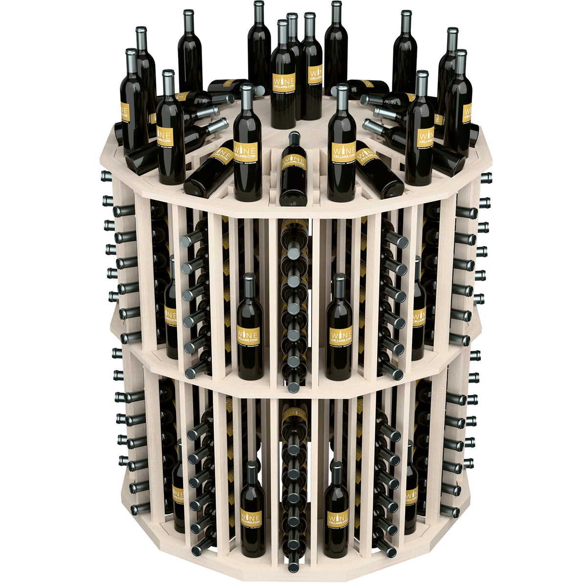 Round light-colored wood wine bottle display with open top and bottle storage columns