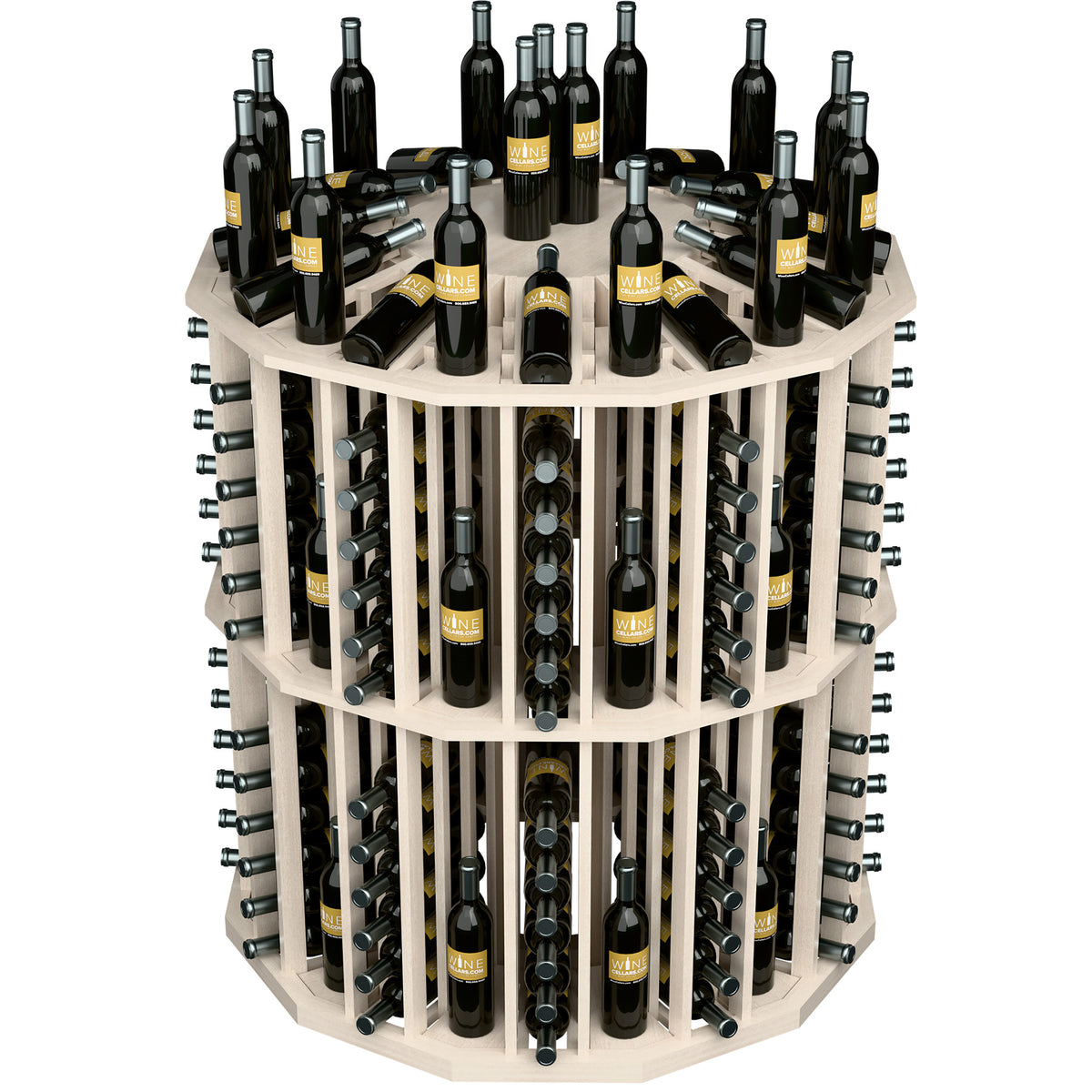 Round wine bottle display rack with dark wood shelves, metal holders, and bottles