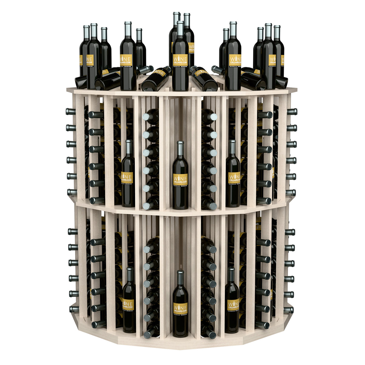 Round wine bottle display rack with light wood shelves, metal holders, and bottles