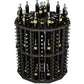Dark round wine bottle display rack with multiple bottle slots and metal pegs