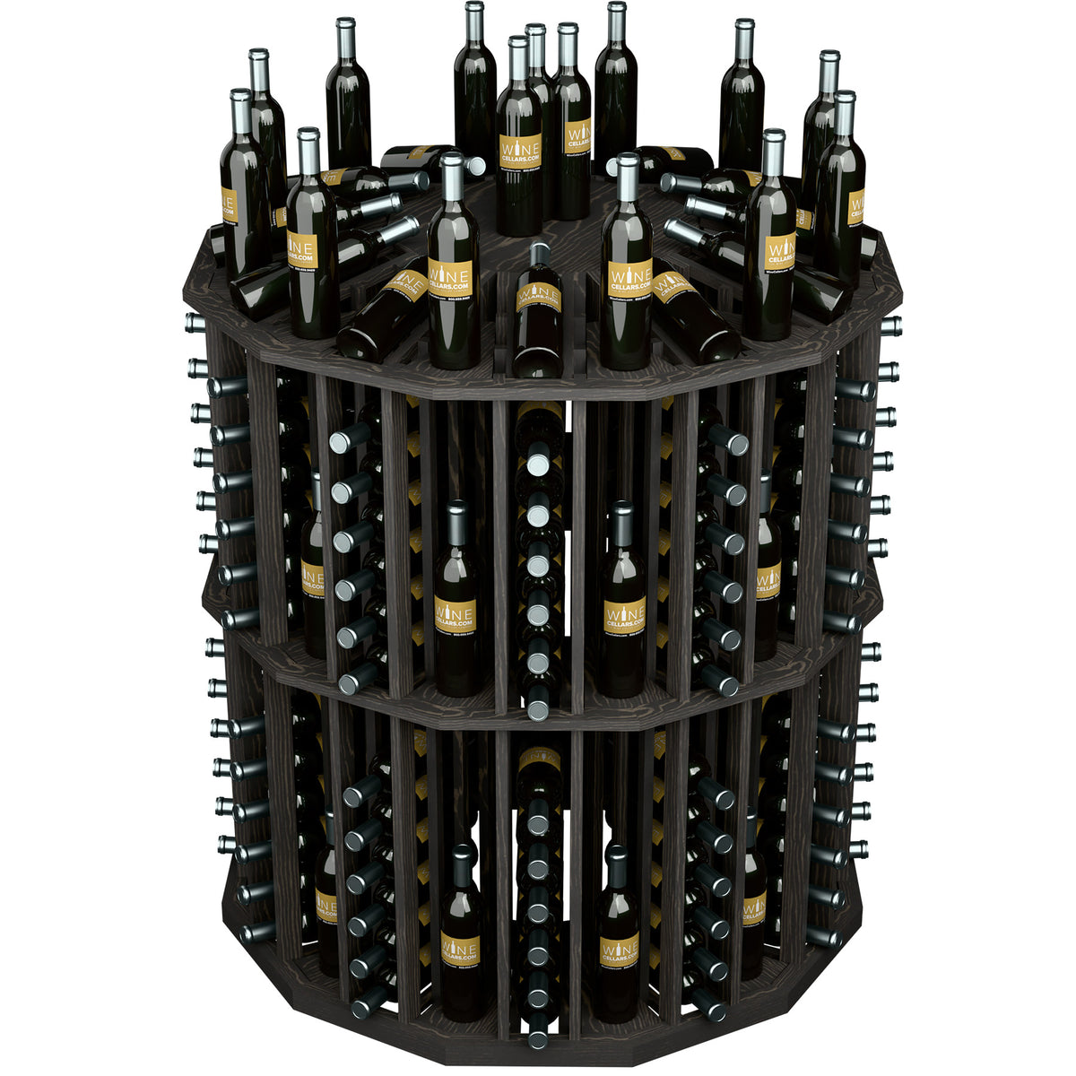 Dark round wine bottle display rack with multiple bottle slots and metal pegs