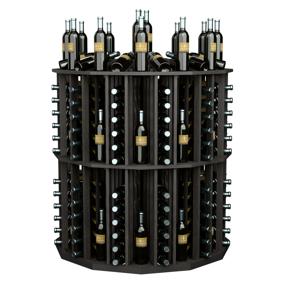 Round commercial bottle display rack with dark finish and multiple bottle holder rows