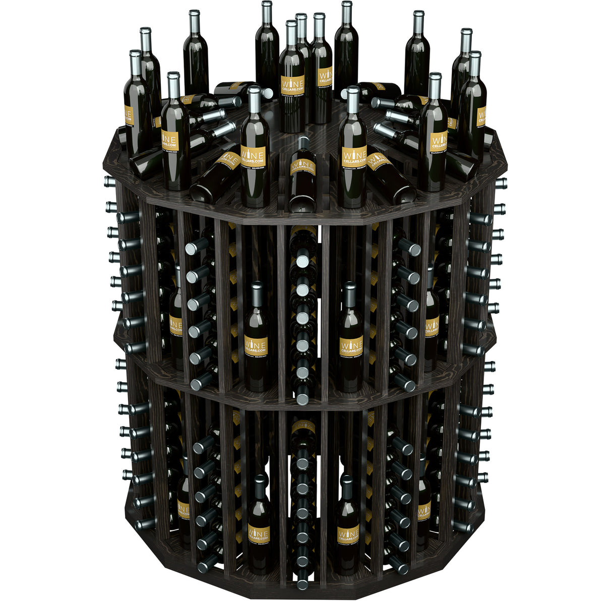 Round wine bottle display rack with dark wood panels and multiple bottle slots
