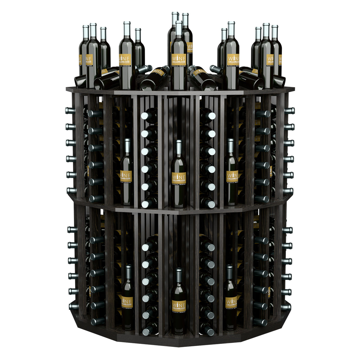 Round wine bottle display rack with dark frame and front rows of wine bottles