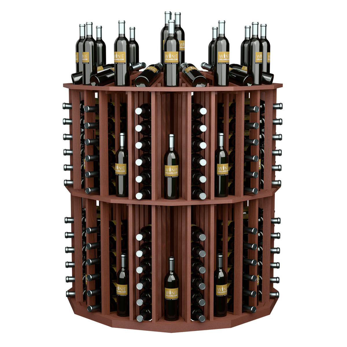 Dark brown round wine bottle display rack with metal holders and labeled bottles