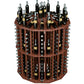 Round wine bottle display rack with reddish-brown wood panels and bottle holders