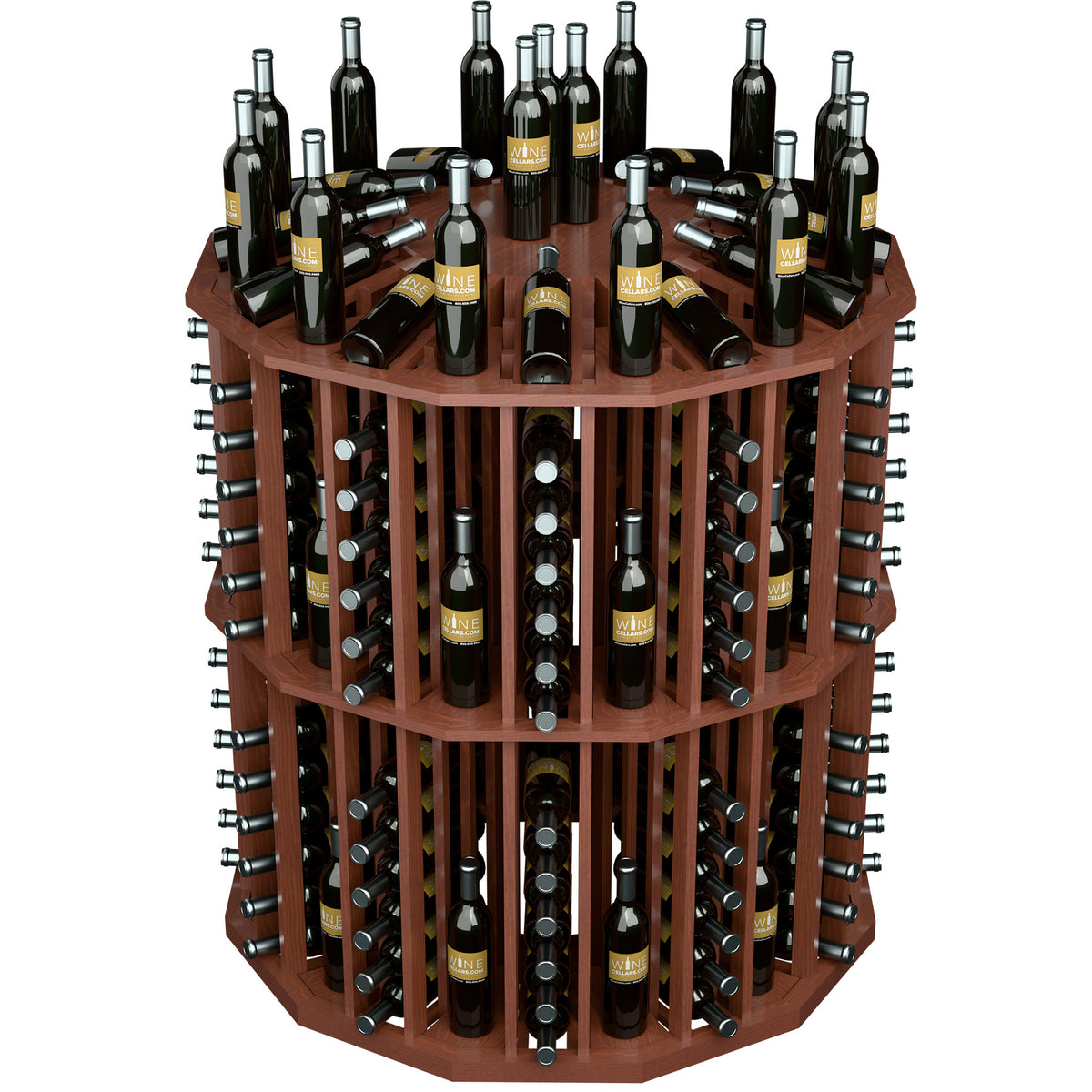 Round wine bottle display rack with reddish-brown wood panels and bottle holders