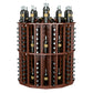 Round wine bottle display rack with warm brown wood frame and bottle storage rows