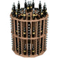 Front facing round wood wine bottle display with metal pegs and multiple bottle rows