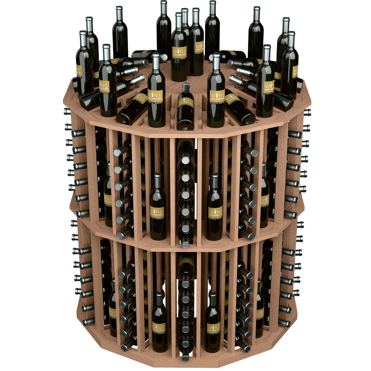 Front facing round wood wine bottle display with metal pegs and multiple bottle rows